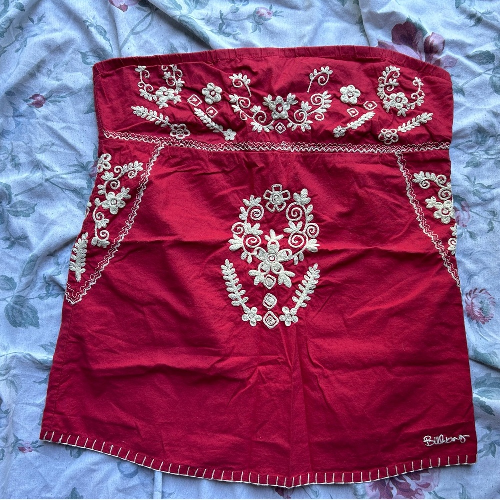 Vintage Billabong Cherry Red Embroidered Tube Top, size medium